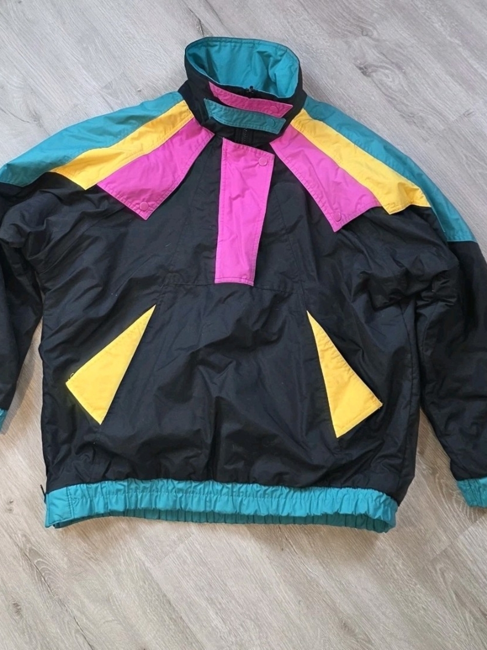 Otello Pelle Vntg 1980s Black/Neon Color Block Pullover Ski Jacket Medium Unisex